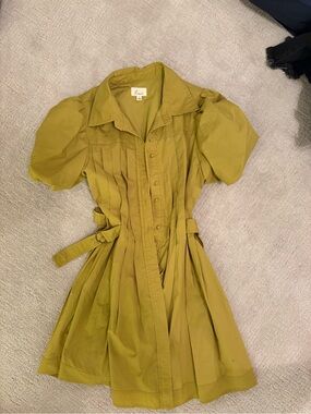 Lena Olive Green Puff-Sleeve Shirt Dress